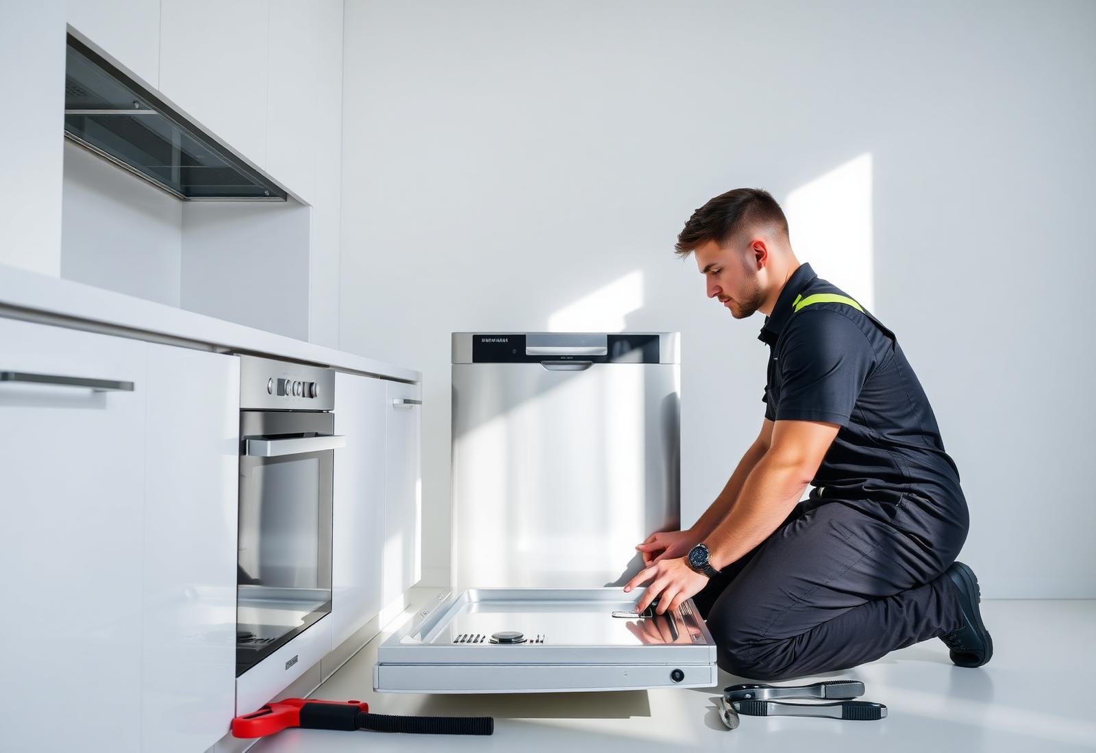 Certified technician installing a stainless steel dishwasher